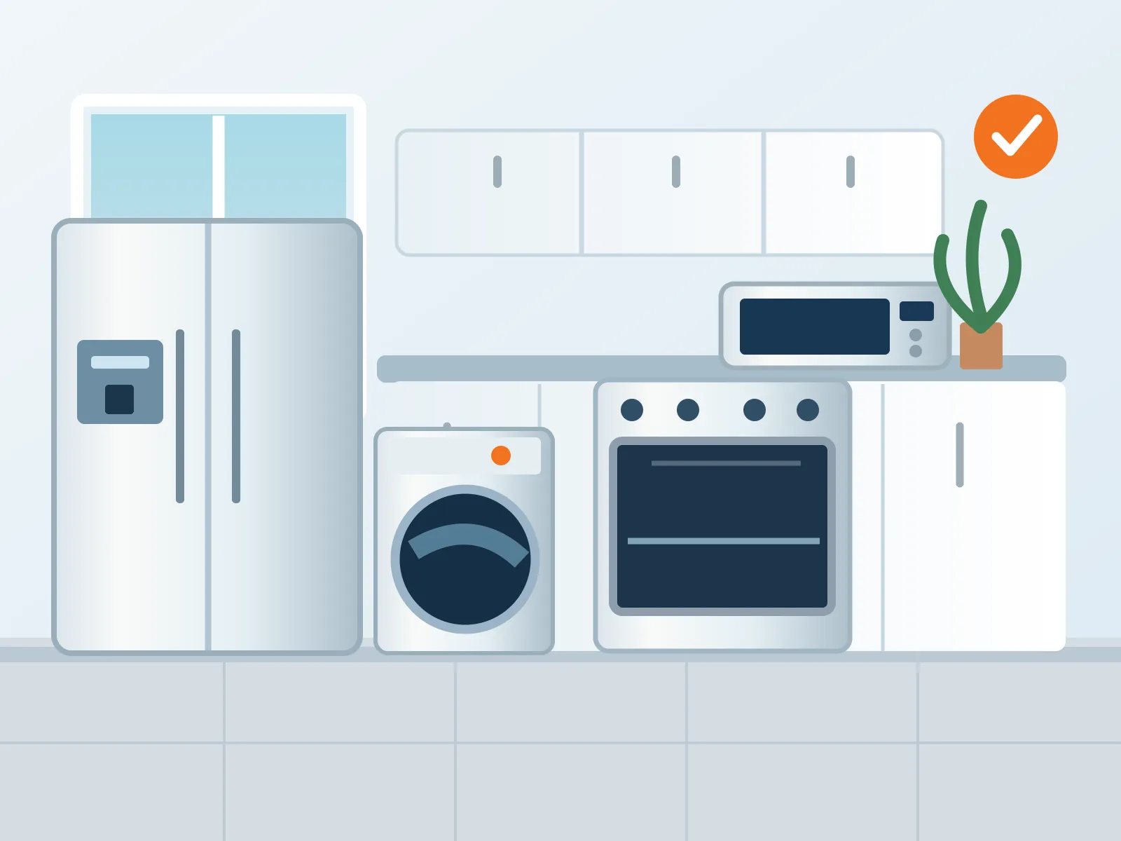 Illustration of a modern kitchen with a refrigerator, washer, oven and microwave